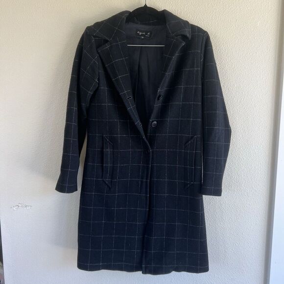 agnès b. Jackets & Blazers - Agnes B Wool Chester Coat Women’s Small T1 Blad White Grid Plaid France